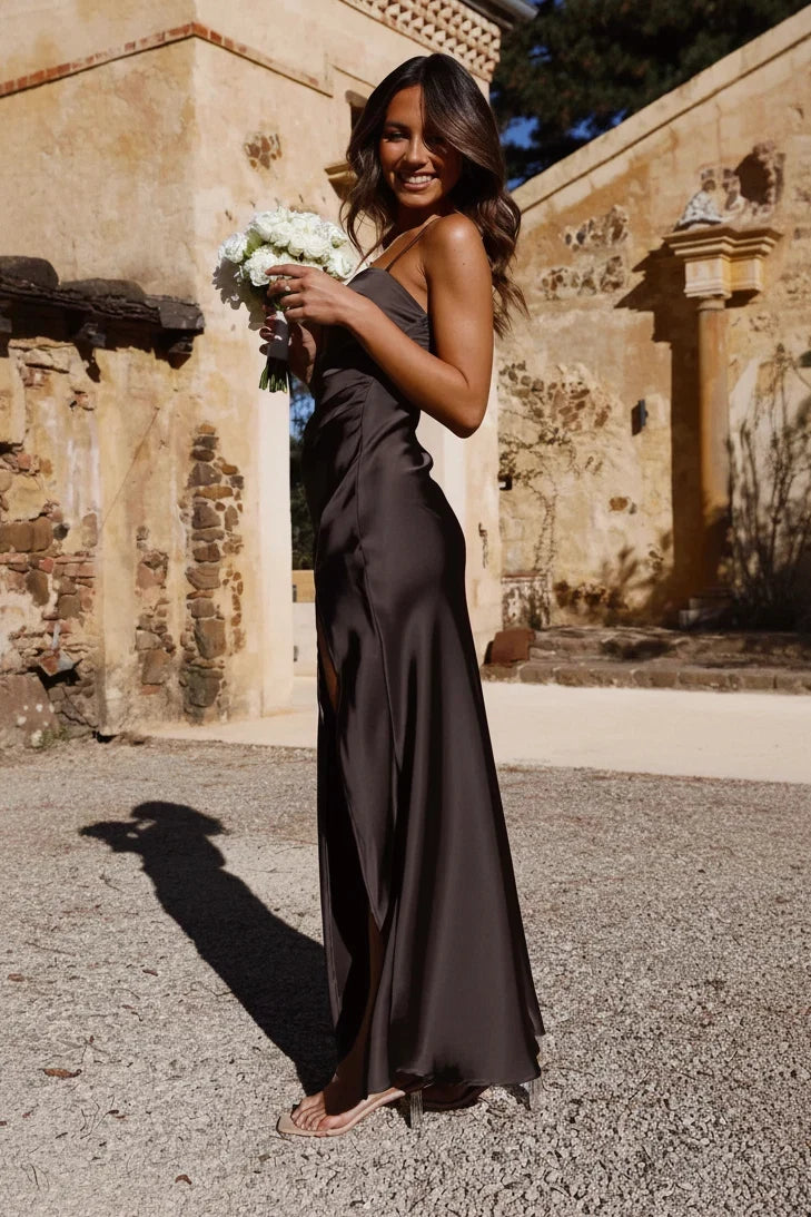 Square Neck Satin Slip Maxi Dress with Slit
