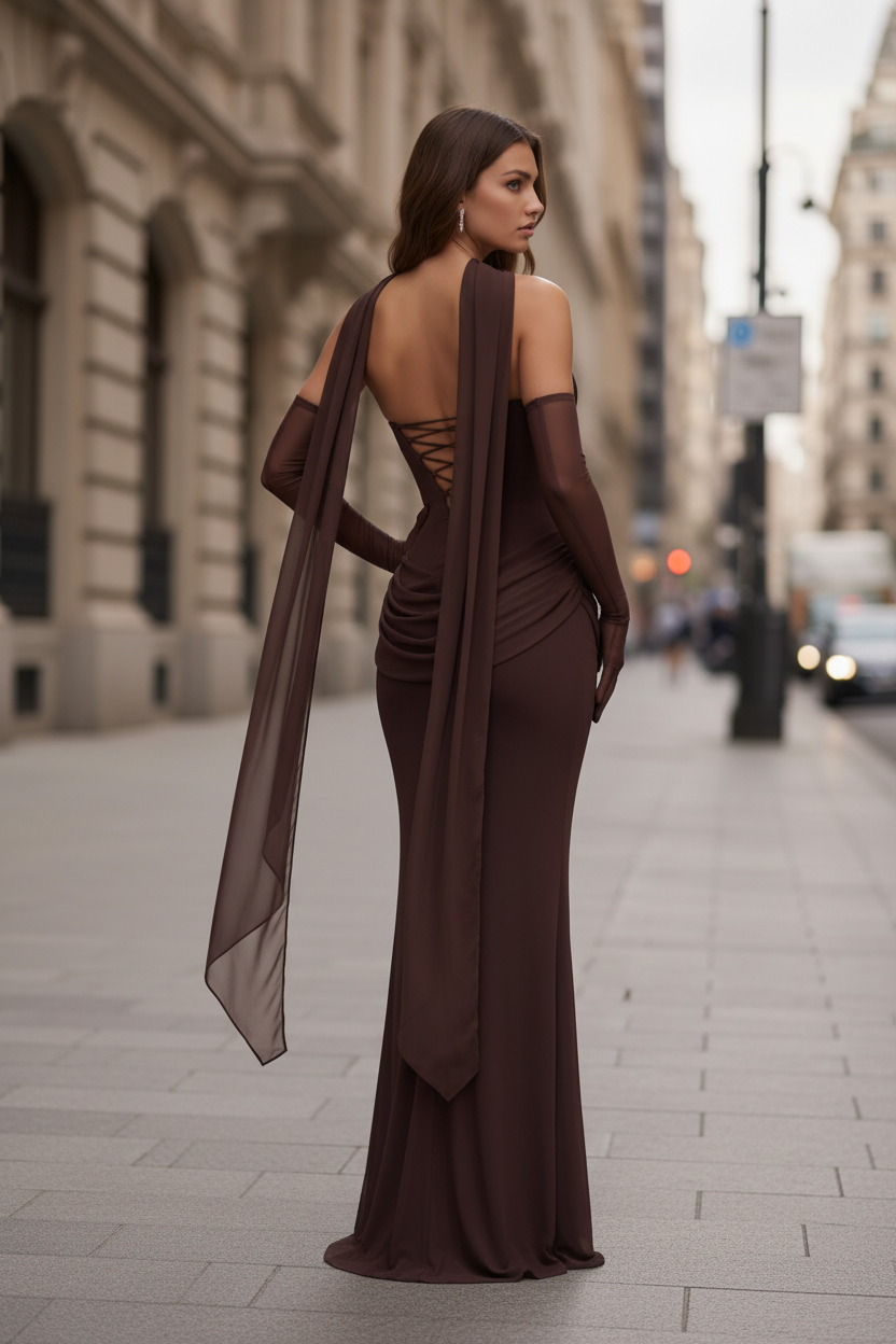 Cowl Neck Strapless Maxi Dress with Sash