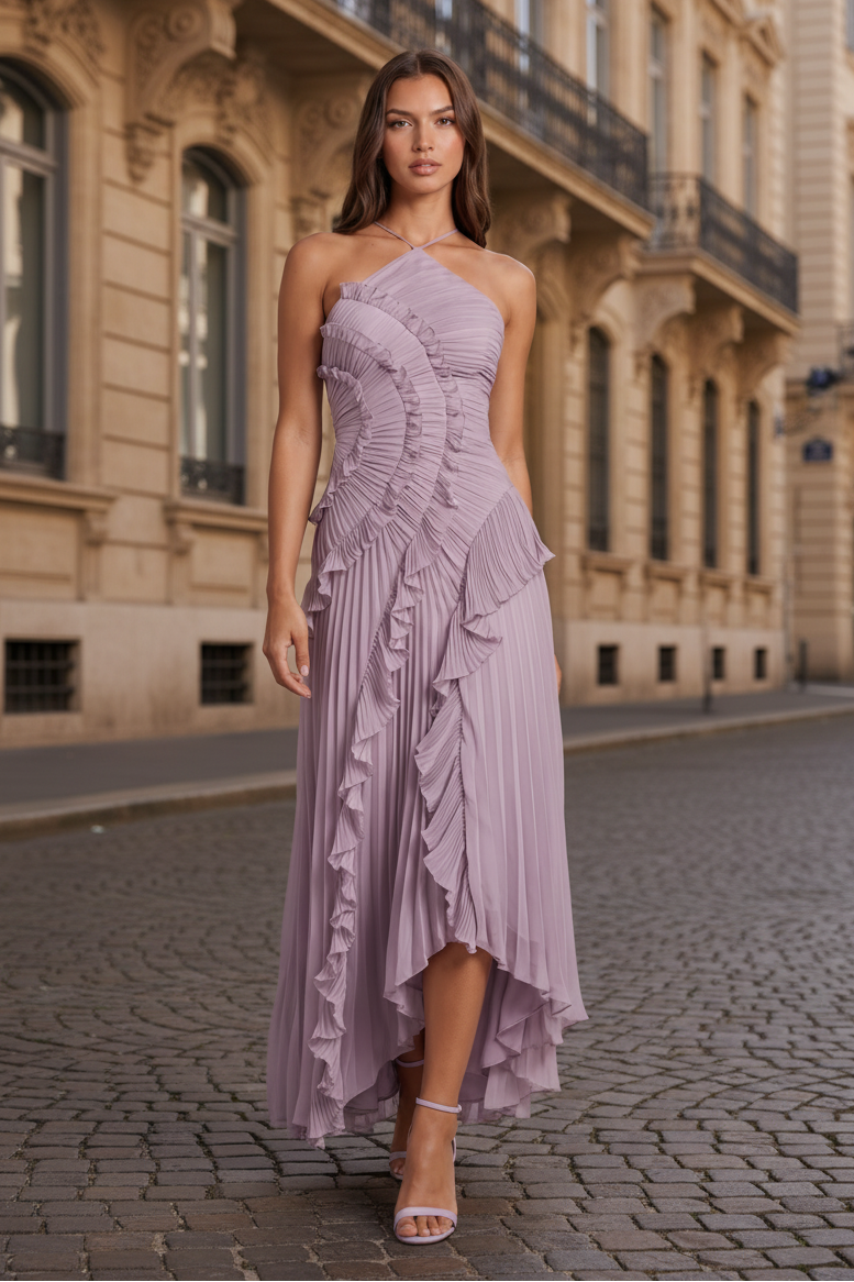 Halter Neck Pleated Ruffle Maxi Dress