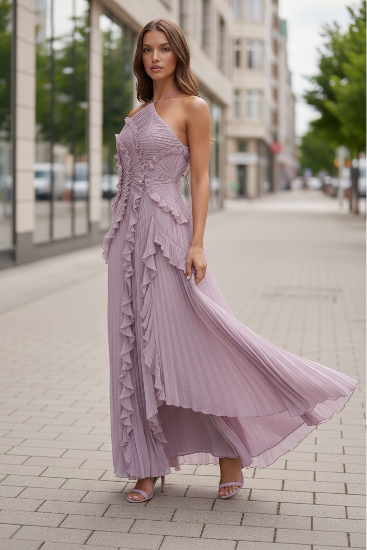 Halter Neck Pleated Ruffle Maxi Dress