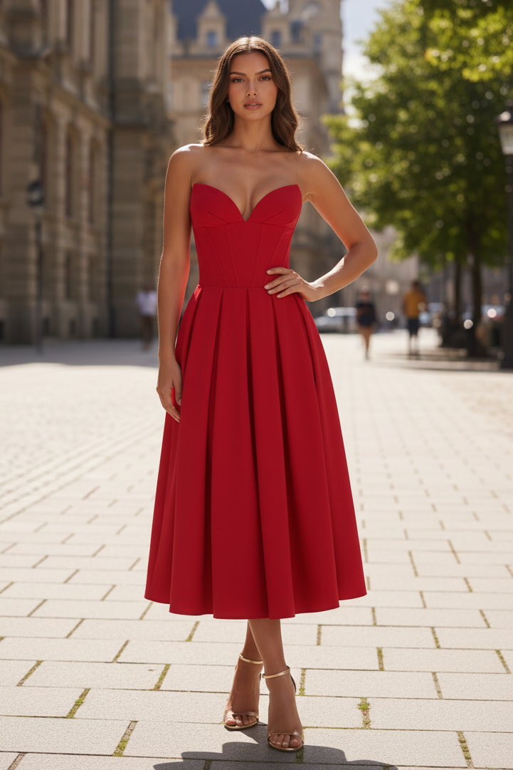 Sweetheart Strapless Corset Red Midi Dress