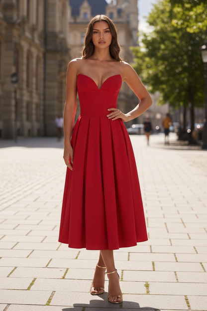 Sweetheart Strapless Corset Red Midi Dress