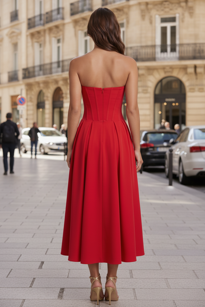 Sweetheart Strapless Corset Red Midi Dress