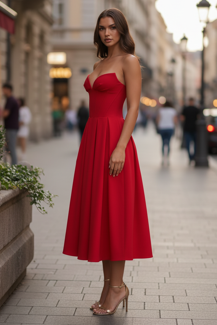 Sweetheart Strapless Corset Red Midi Dress