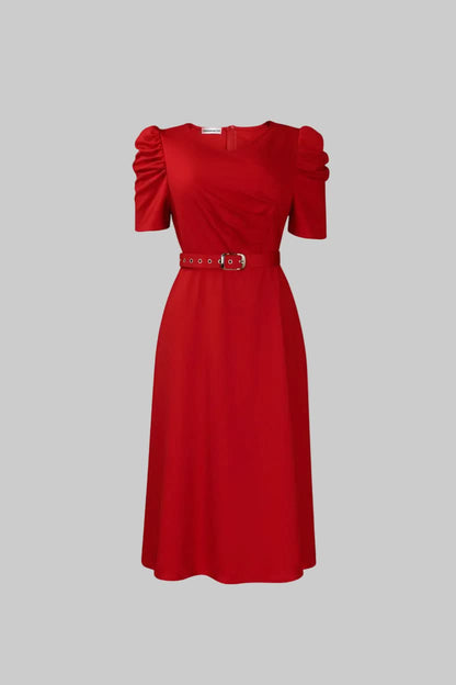 V-Neck Puff Sleeve Belted Midi Dress