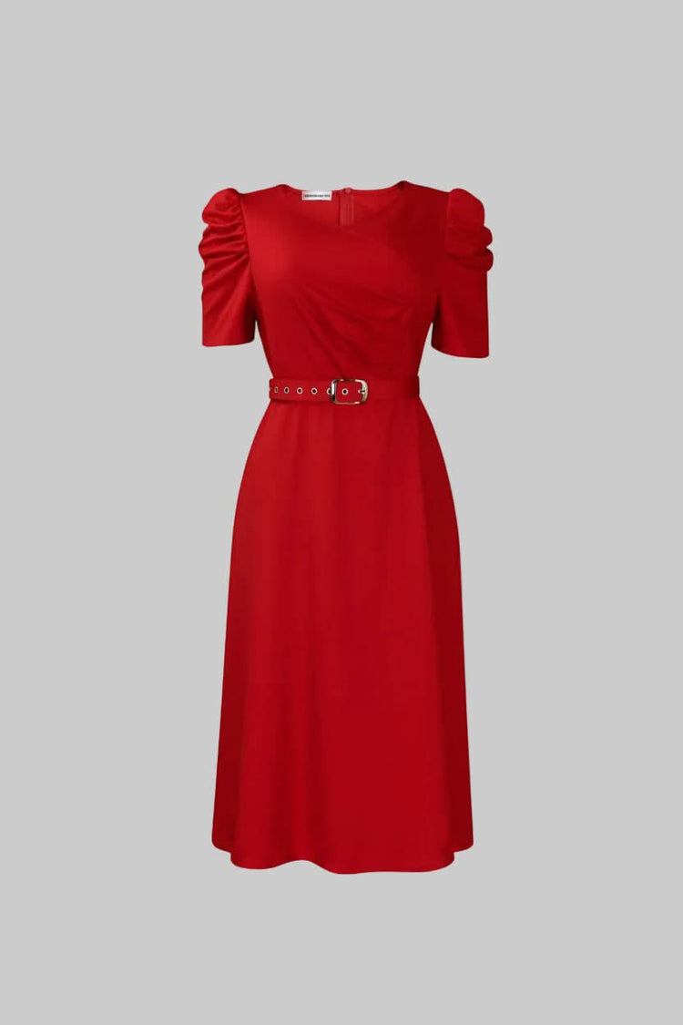 V-Neck Puff Sleeve Belted Midi Dress