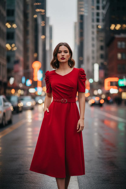 V-Neck Puff Sleeve Belted Midi Dress
