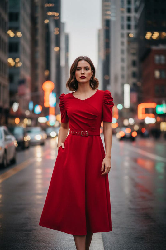 V-Neck Puff Sleeve Belted Midi Dress