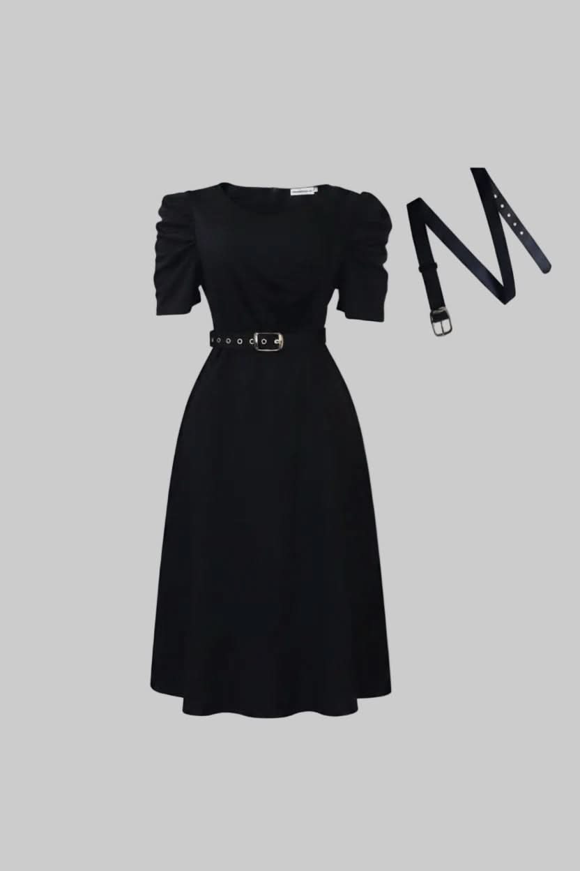 V-Neck Puff Sleeve Belted Midi Dress
