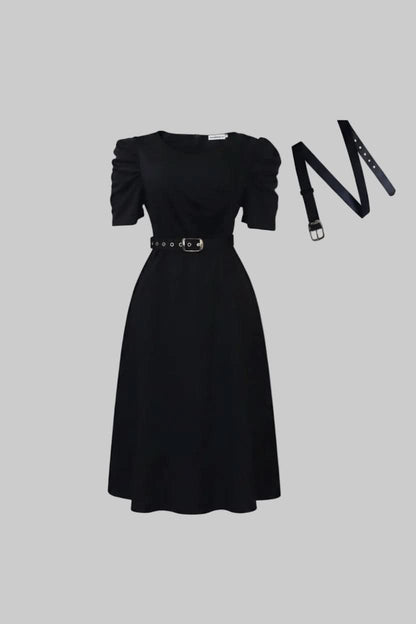 V-Neck Puff Sleeve Belted Midi Dress