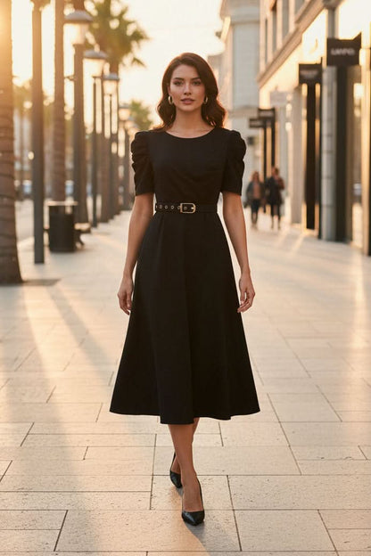 V-Neck Puff Sleeve Belted Midi Dress