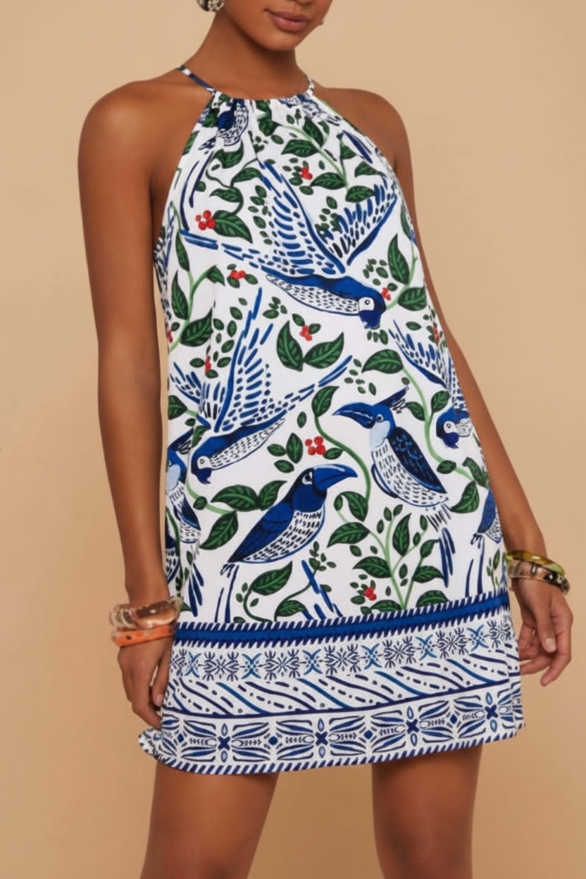 Halter Neck Bird Print Mini Dress