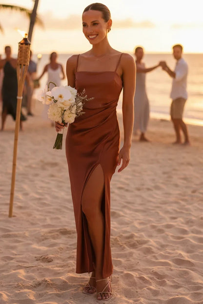 Square Neck Satin Slip Maxi Dress with Slit