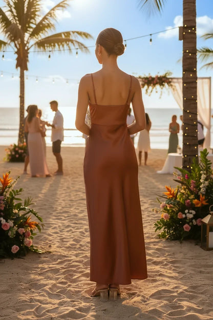 Square Neck Satin Slip Maxi Dress with Slit